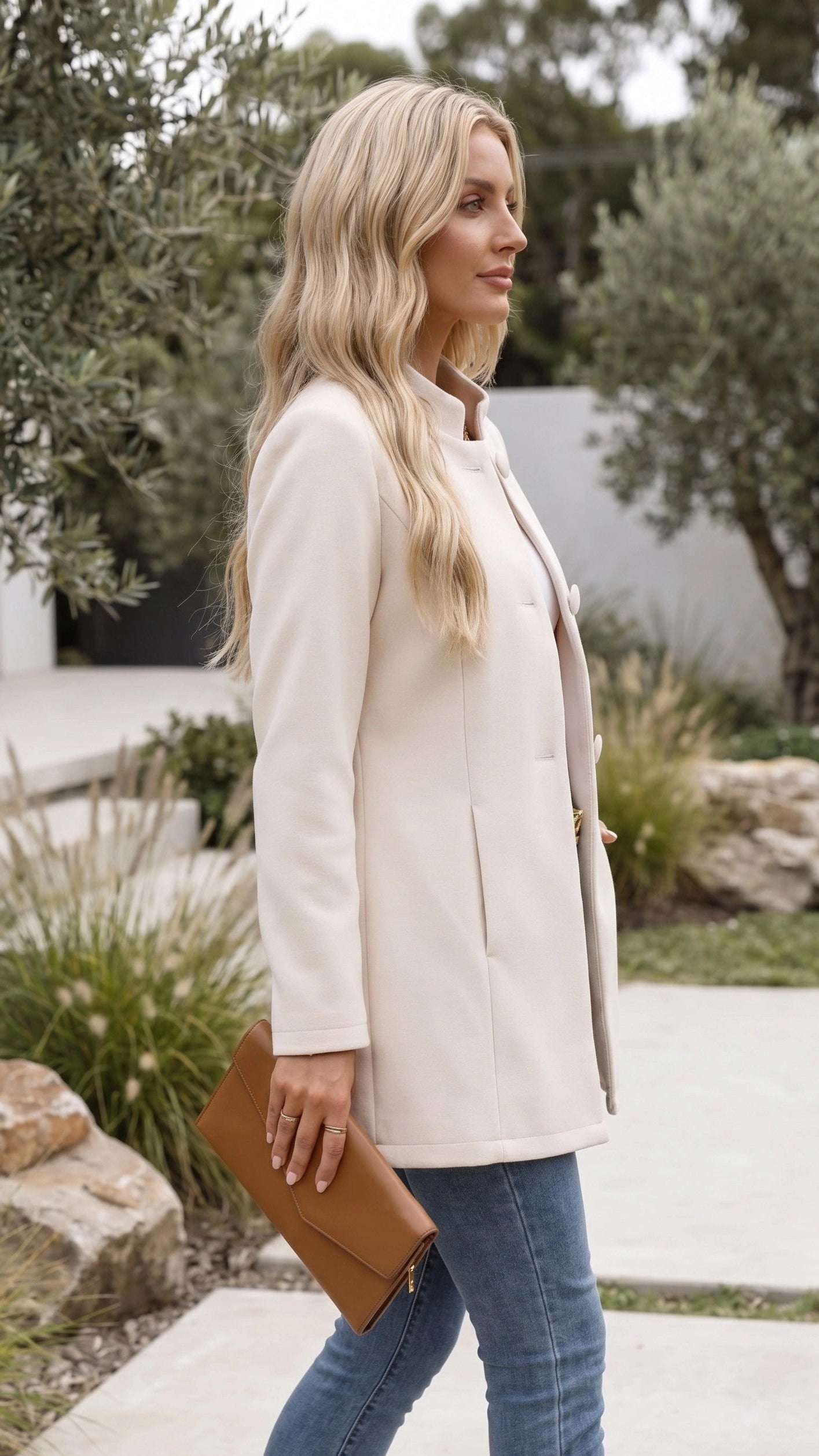 Women's Collarless Textured Button-Up Jacket