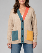 Women's Colour Block Button Front Cardigan With Pockets
