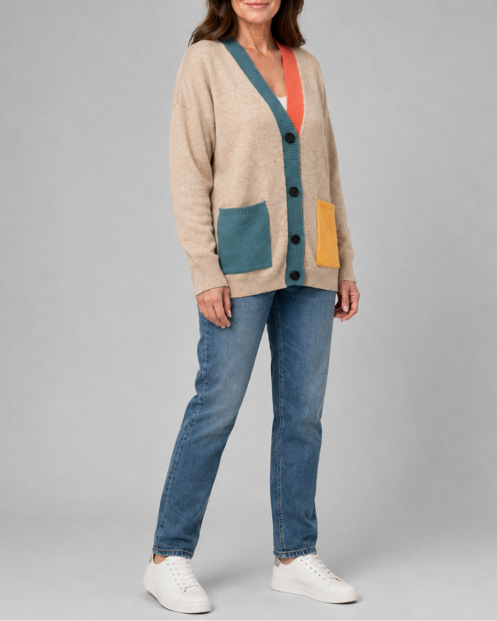 Women's Colour Block Button Front Cardigan With Pockets