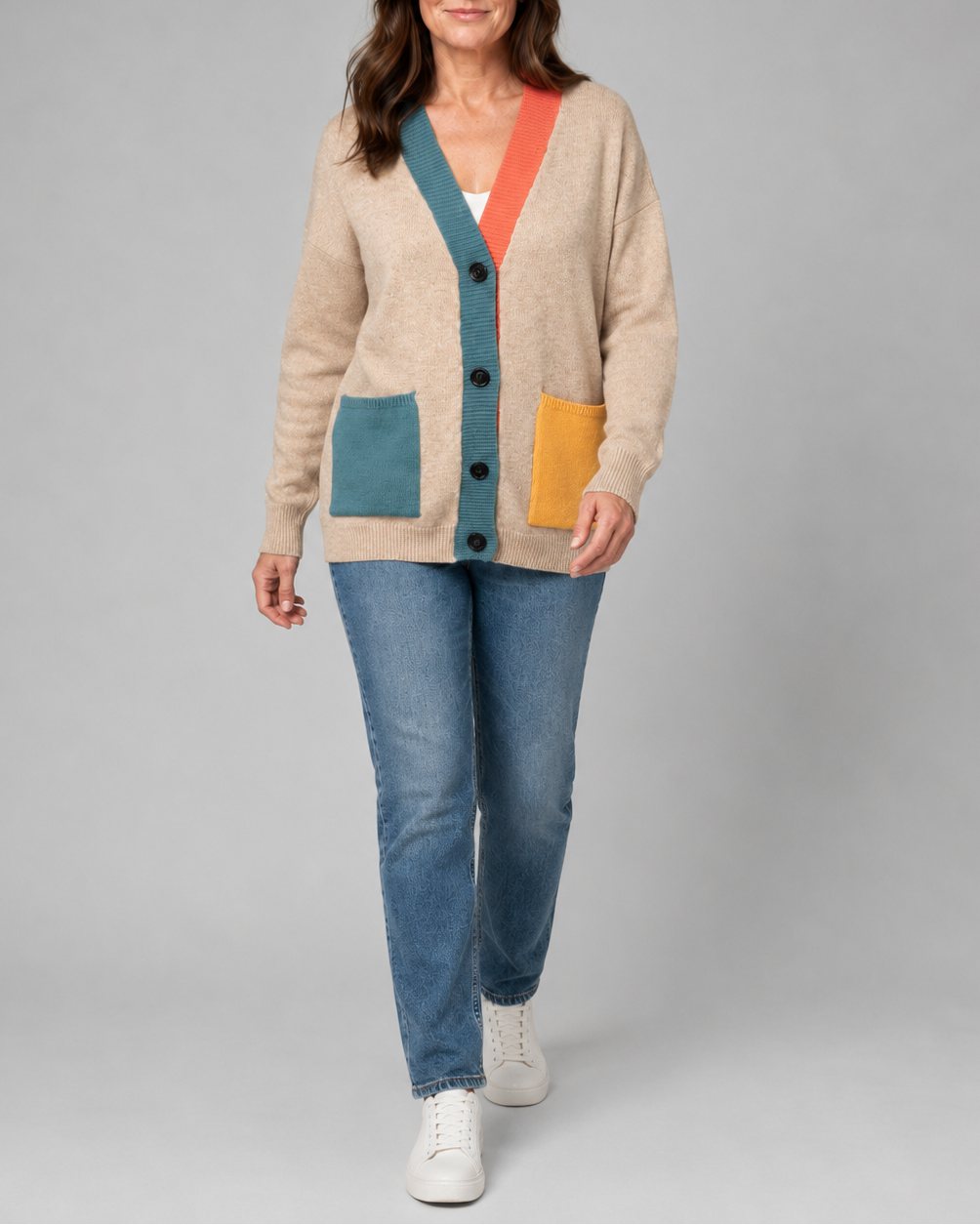 Women's Colour Block Button Front Cardigan With Pockets