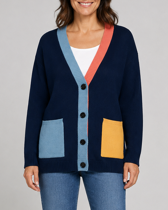 Women's Colour Block Button Front Cardigan With Pockets