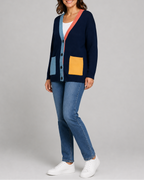 Women's Colour Block Button Front Cardigan With Pockets