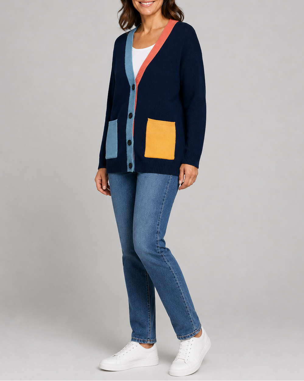 Women's Colour Block Button Front Cardigan With Pockets