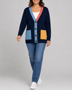 Women's Colour Block Button Front Cardigan With Pockets