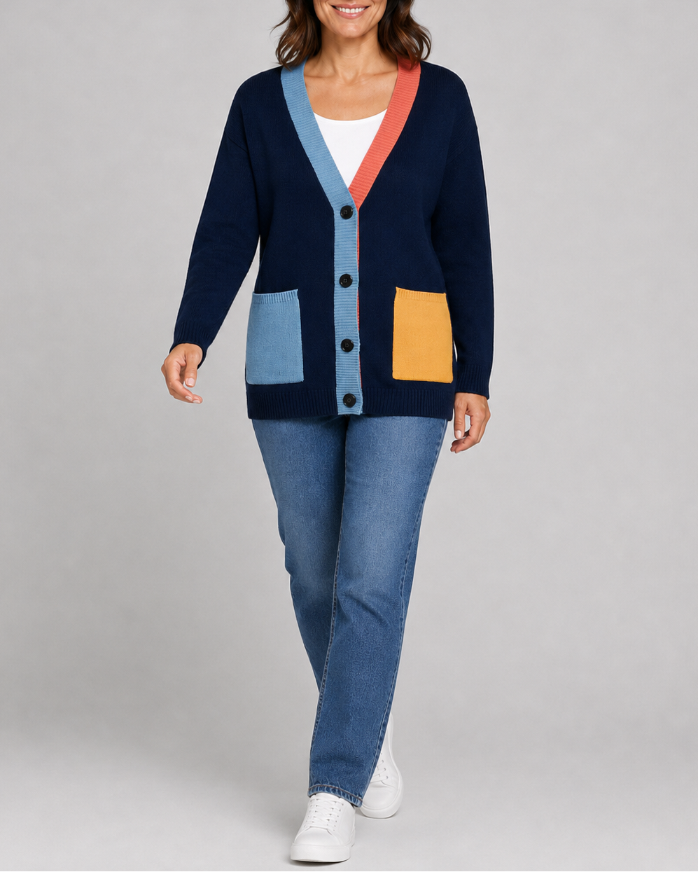 Women's Colour Block Button Front Cardigan With Pockets