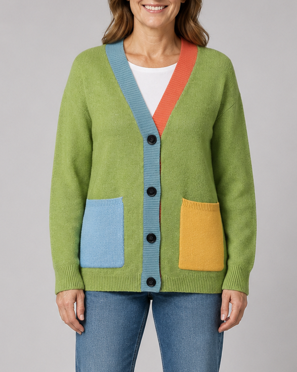 Women's Colour Block Button Front Cardigan With Pockets
