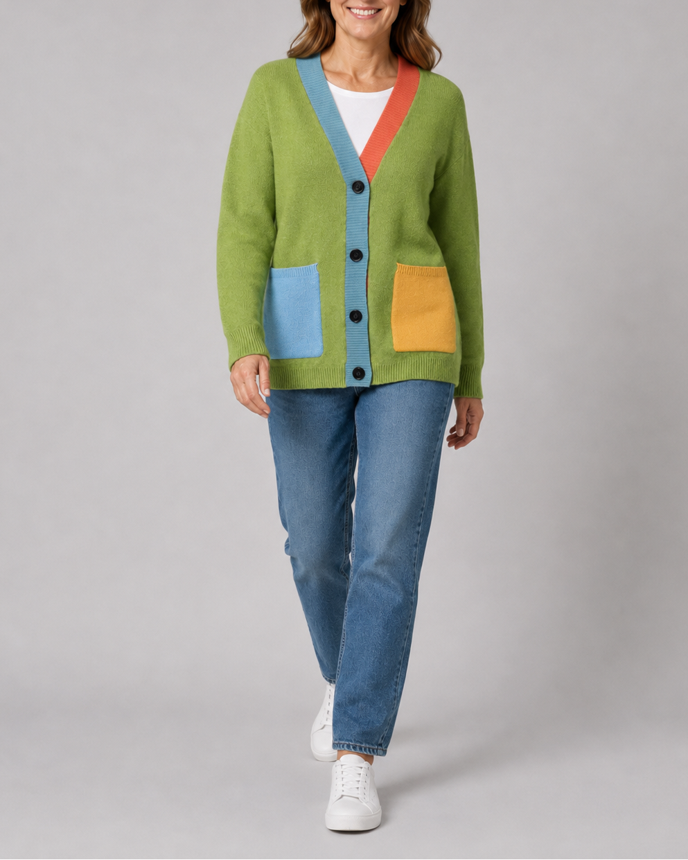 Women's Colour Block Button Front Cardigan With Pockets