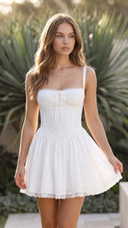 Women's Corset Bustier Drop Waist Lace Trim A Line Mini Dress