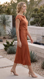 Women's Cowl Neck Cap Sleeve Satin Front Split Midi Dress