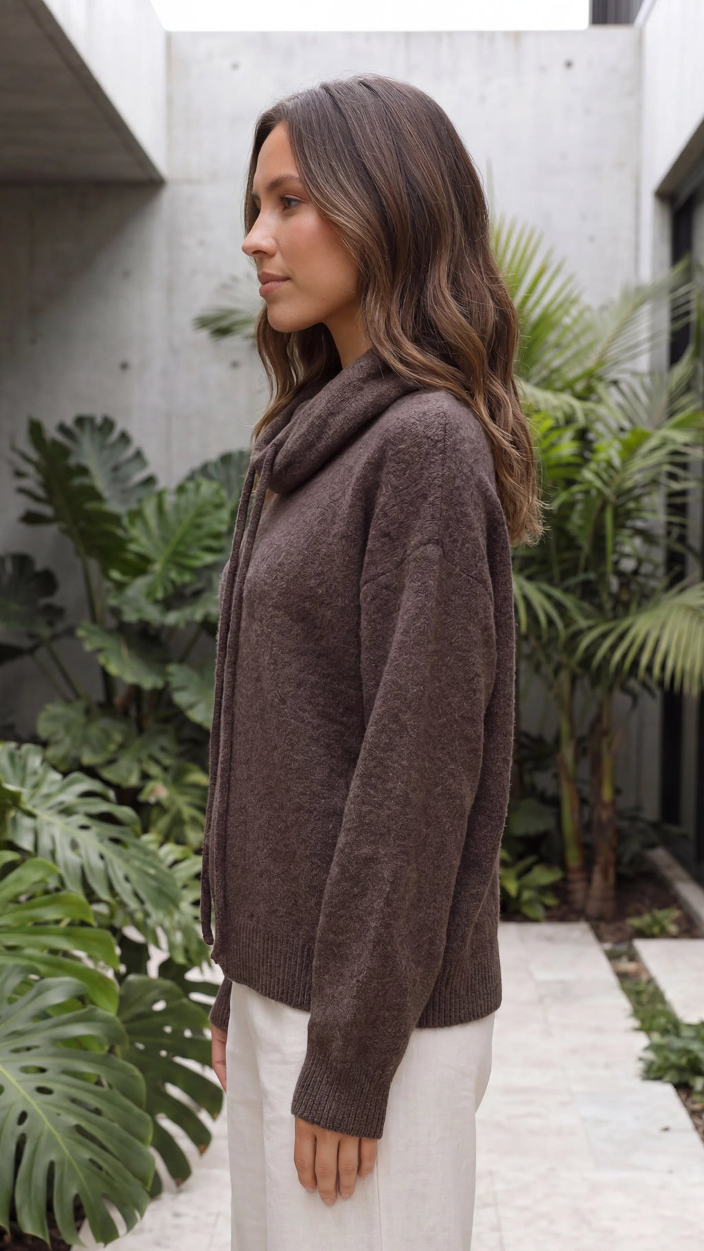 Women's Knitted Cowl Neck Sweater With Drawstrings