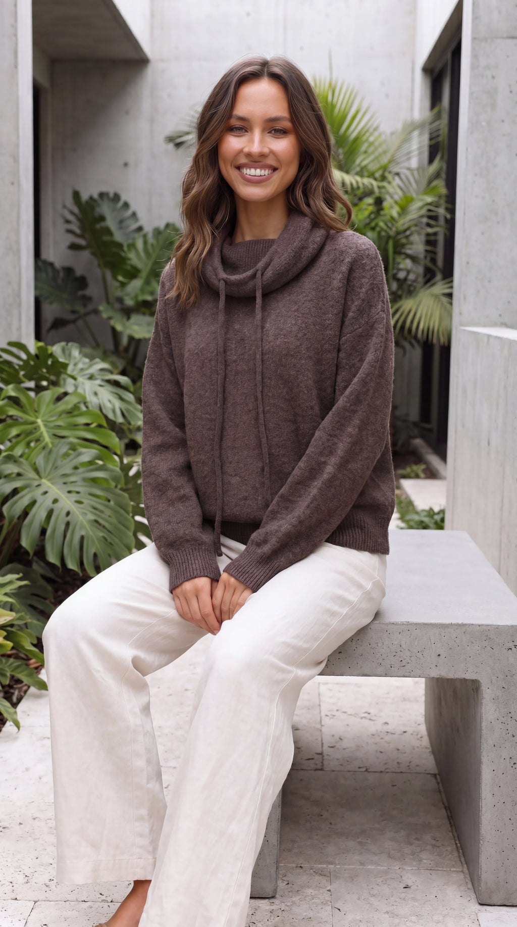 Women's Knitted Cowl Neck Sweater With Drawstrings