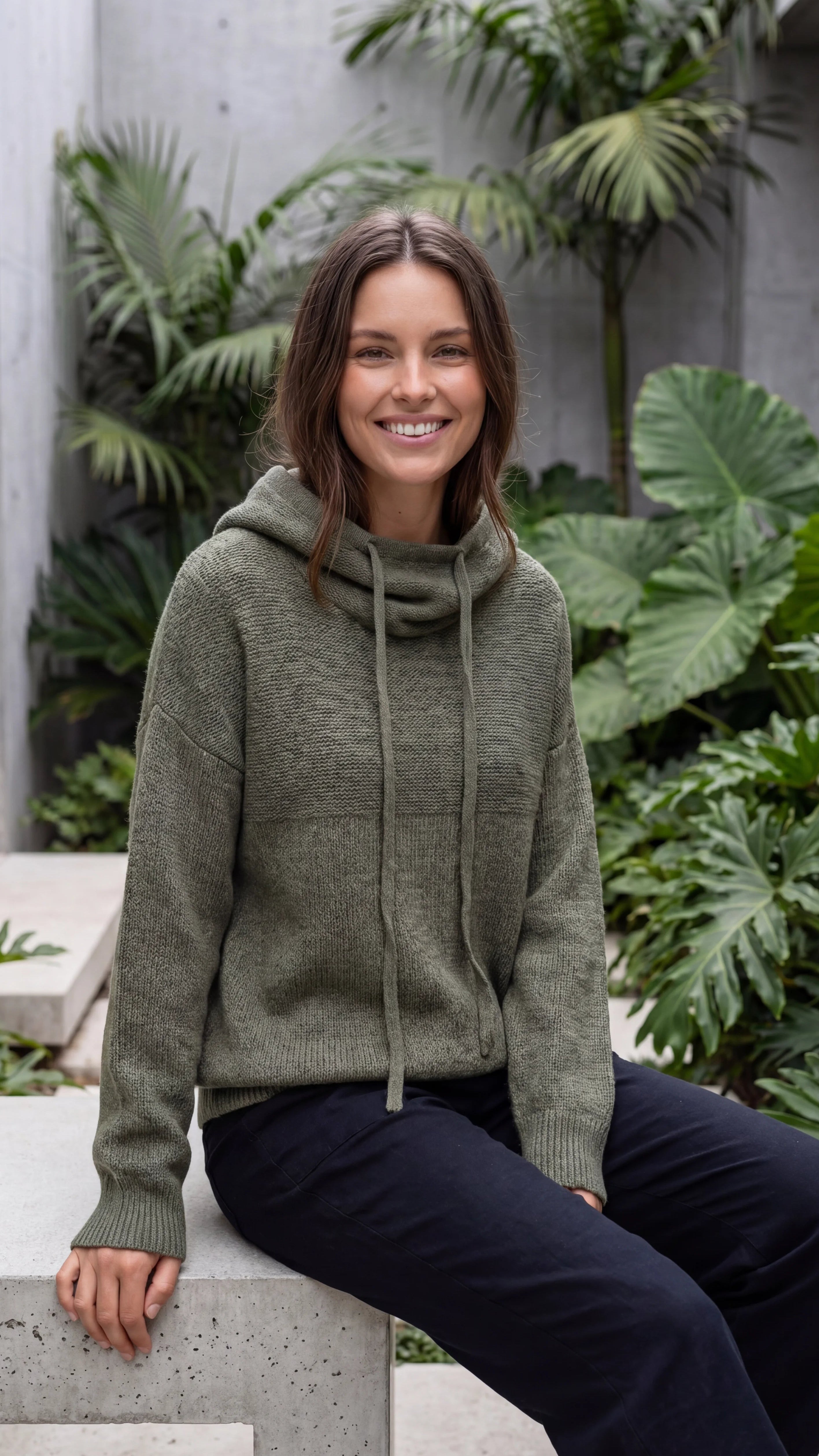 Women's Knitted Cowl Neck Sweater With Drawstrings