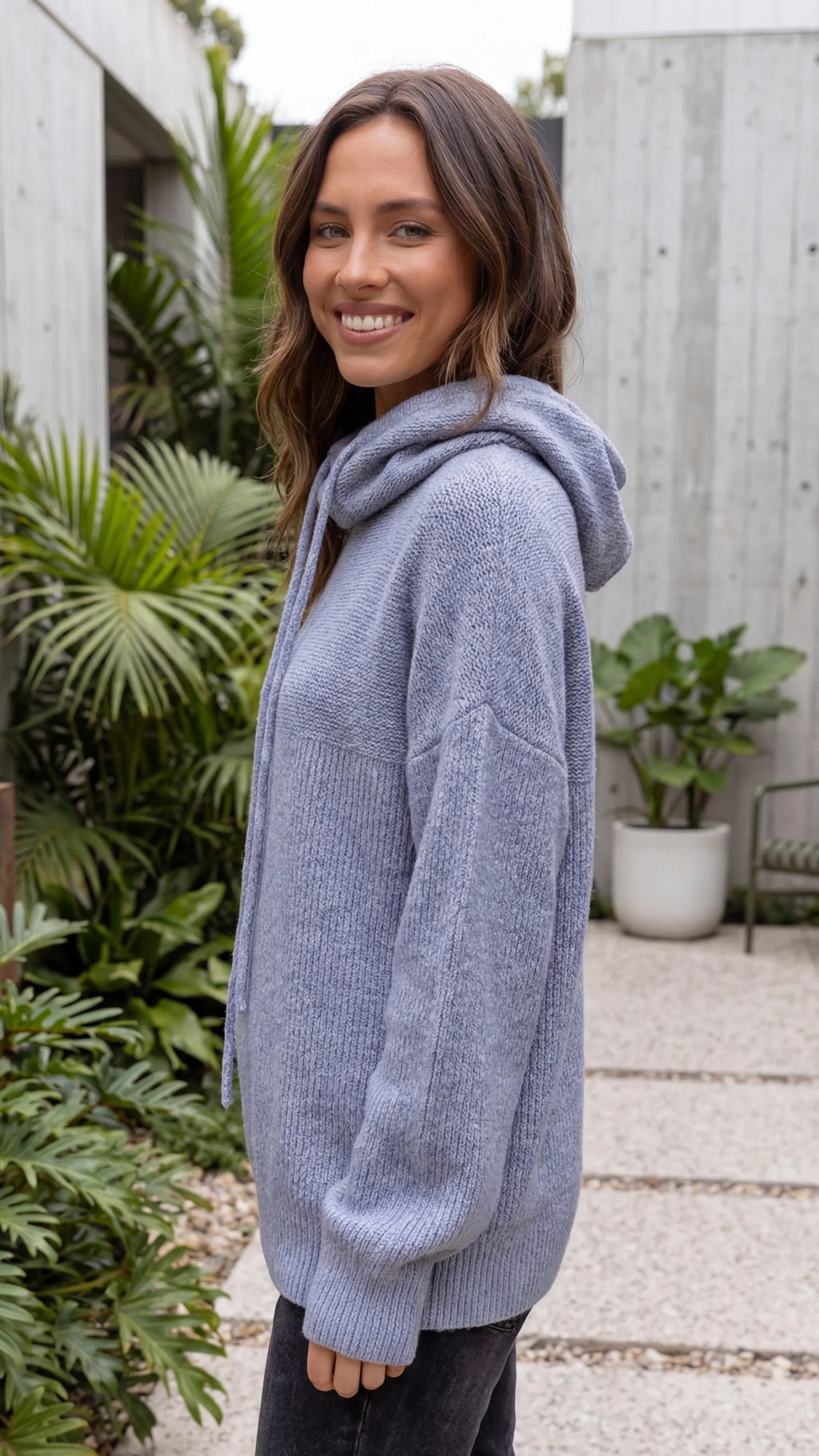 Women's Knitted Cowl Neck Sweater With Drawstrings