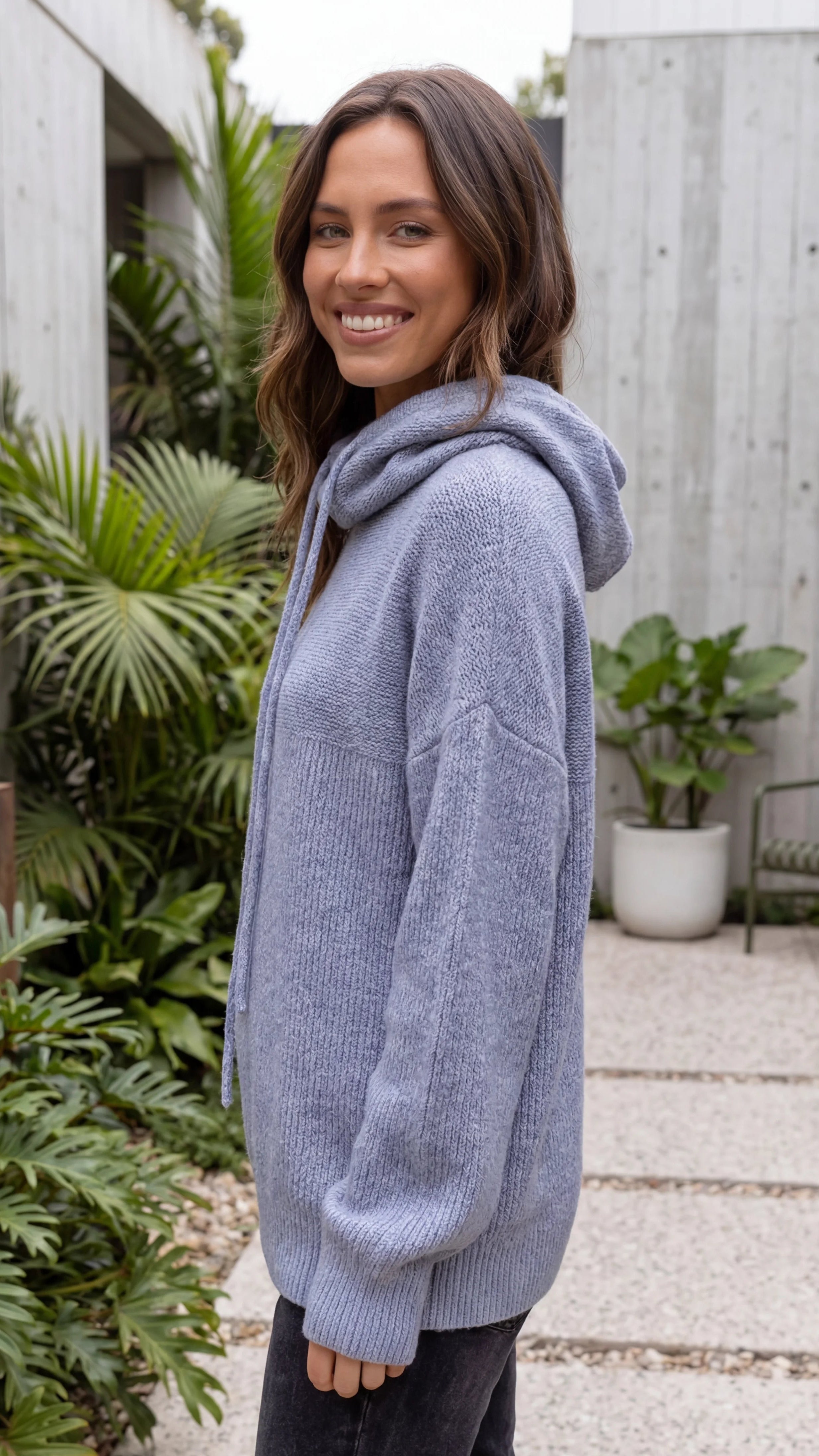 Women's Knitted Cowl Neck Sweater With Drawstrings
