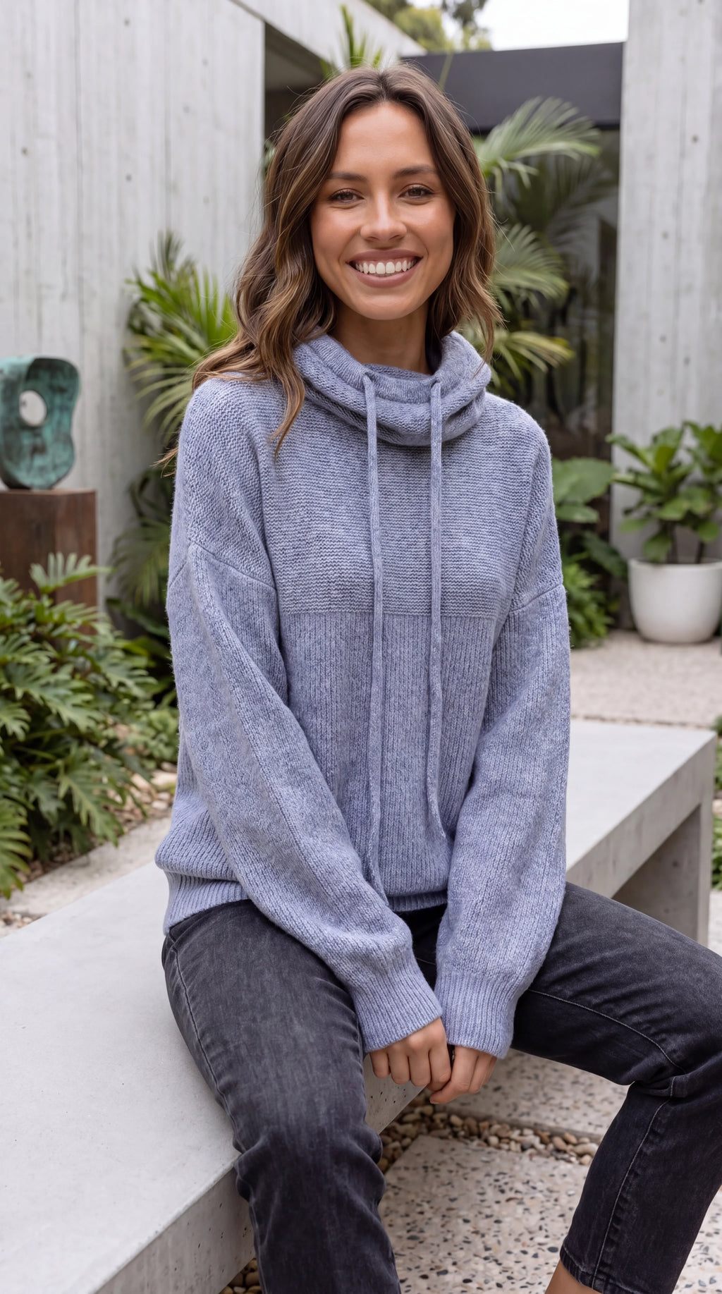 Women's Knitted Cowl Neck Sweater With Drawstrings