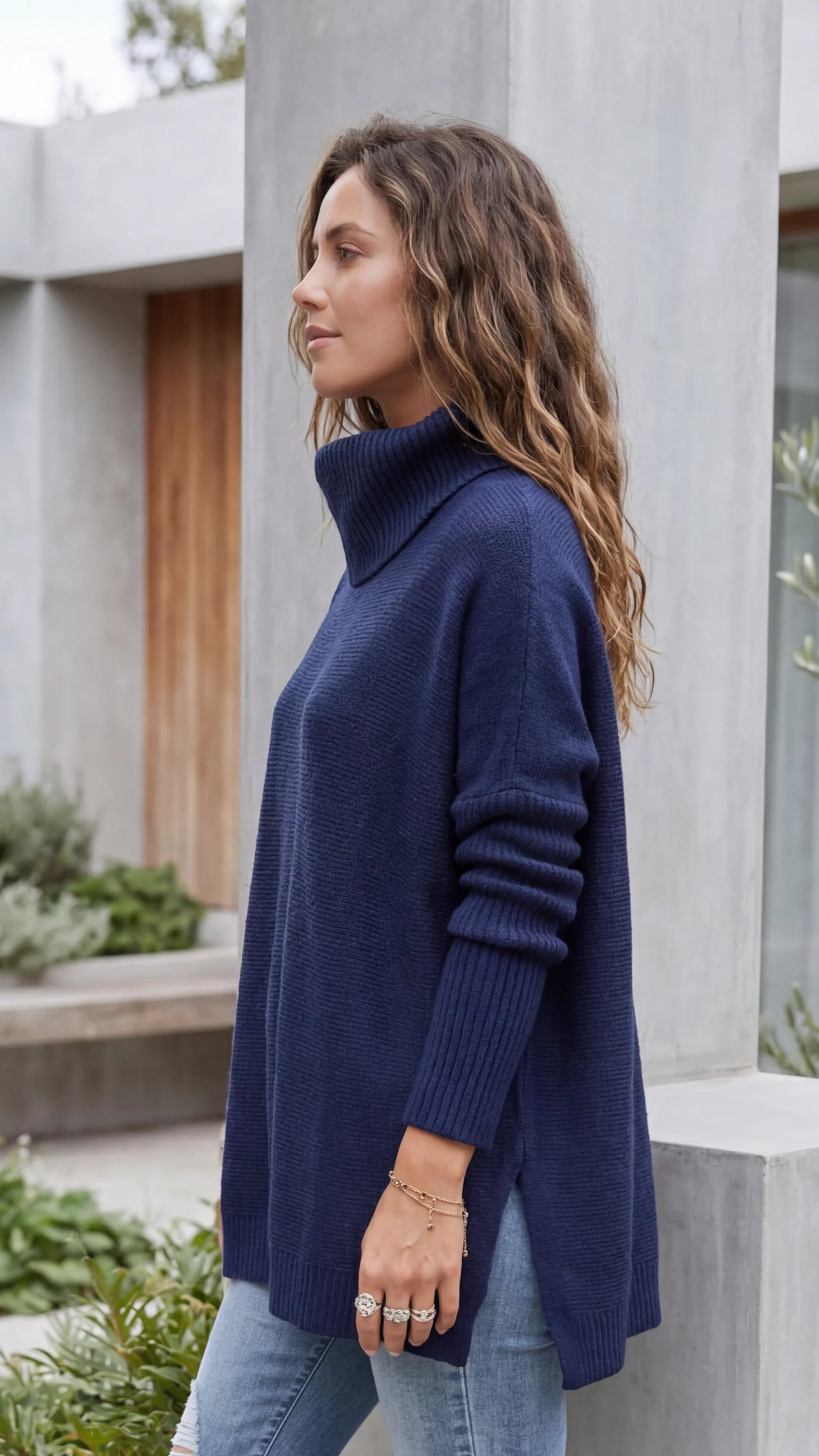 Women's Turtle Neck Long Sleeve Oversized Ribbed Knit Oversized Jumper