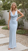 Women's Draped V Neck Sleeveless Satin Bias Cut Maxi Dress