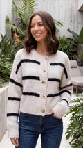 Women's Crew Neck Button Front Contrast Stripe Knit Cardigan