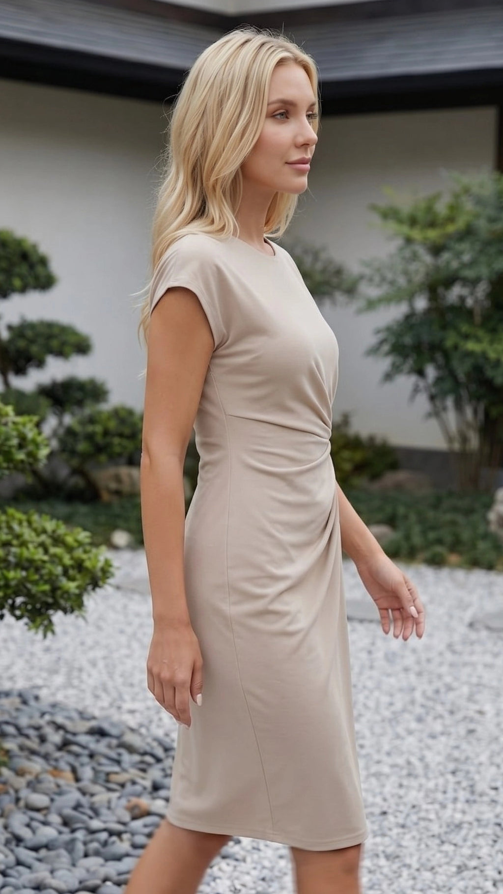 Women’s Crew Neck Cap Sleeve Ruched Bodycon Midi Dress
