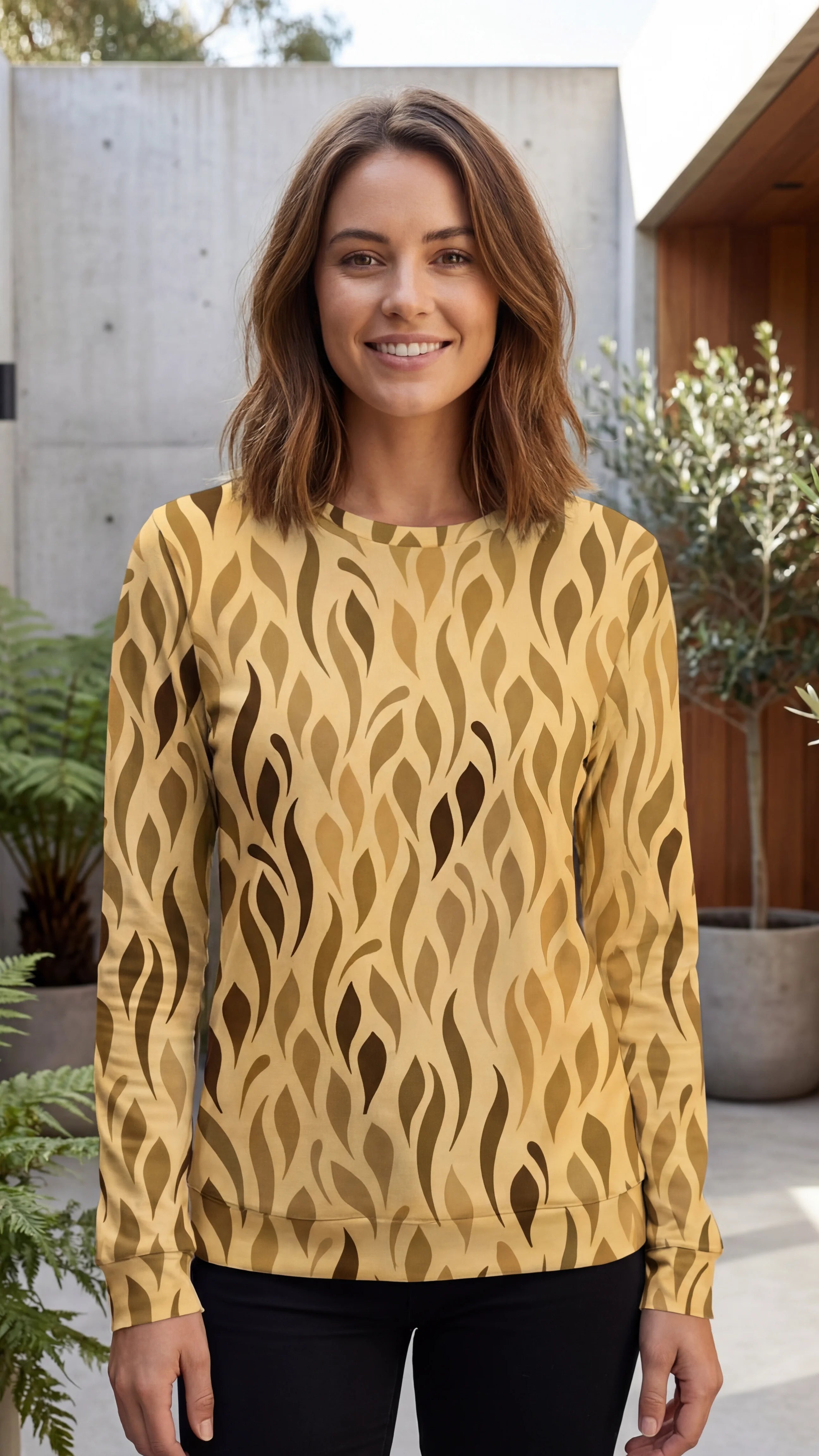 Crew Neck Long Sleeve Abstract Print Top