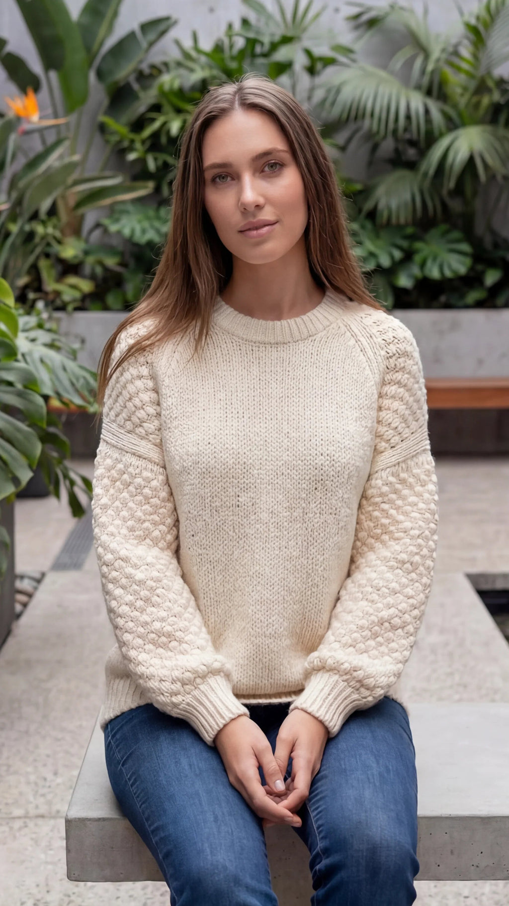 Women's Crew Neck Long Sleeve Textured Knit Sleeve Sweater
