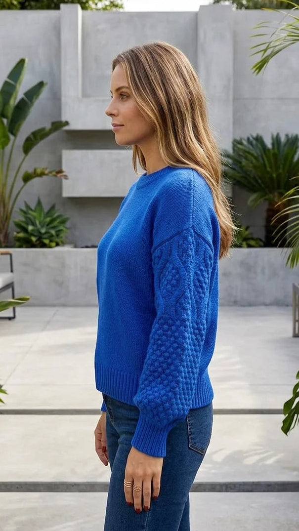 Women's Crew Neck Long Sleeve Textured Knit Sleeve Sweater