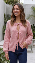 Women's Crew Neck Long Sleeve Tie Front Knit Cardigan