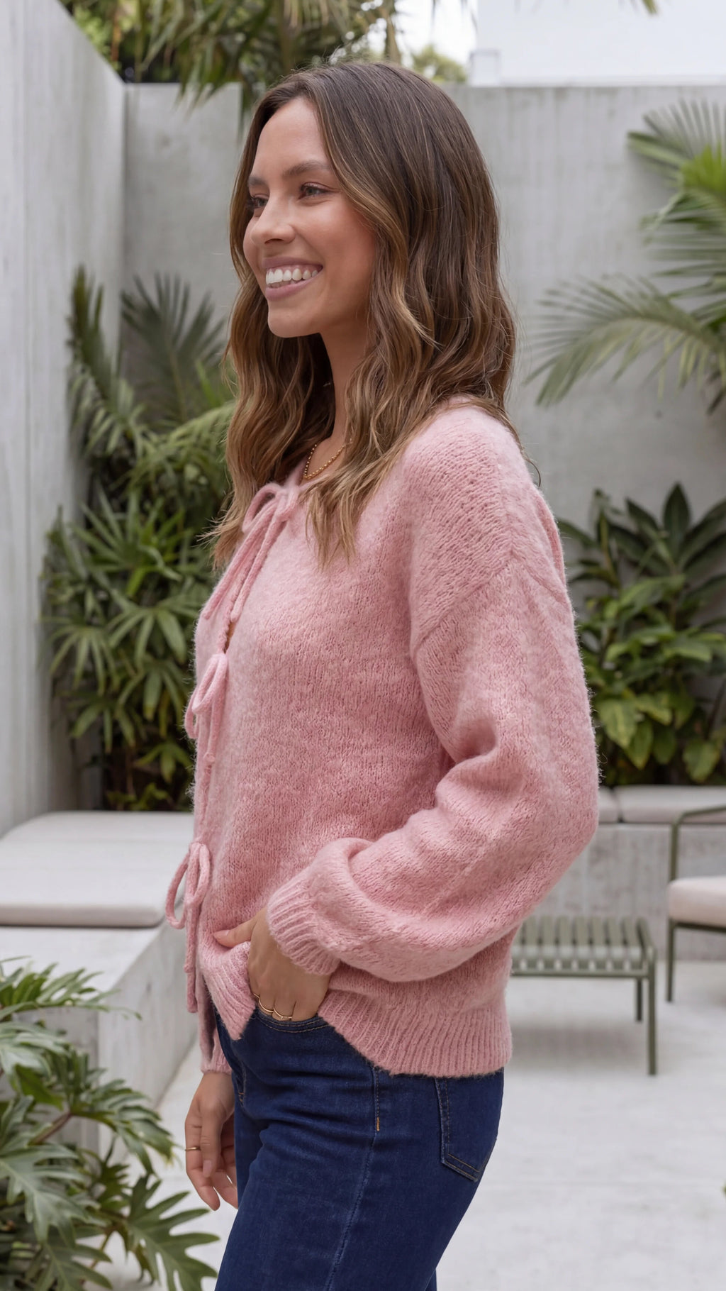 Women's Crew Neck Long Sleeve Tie Front Knit Cardigan