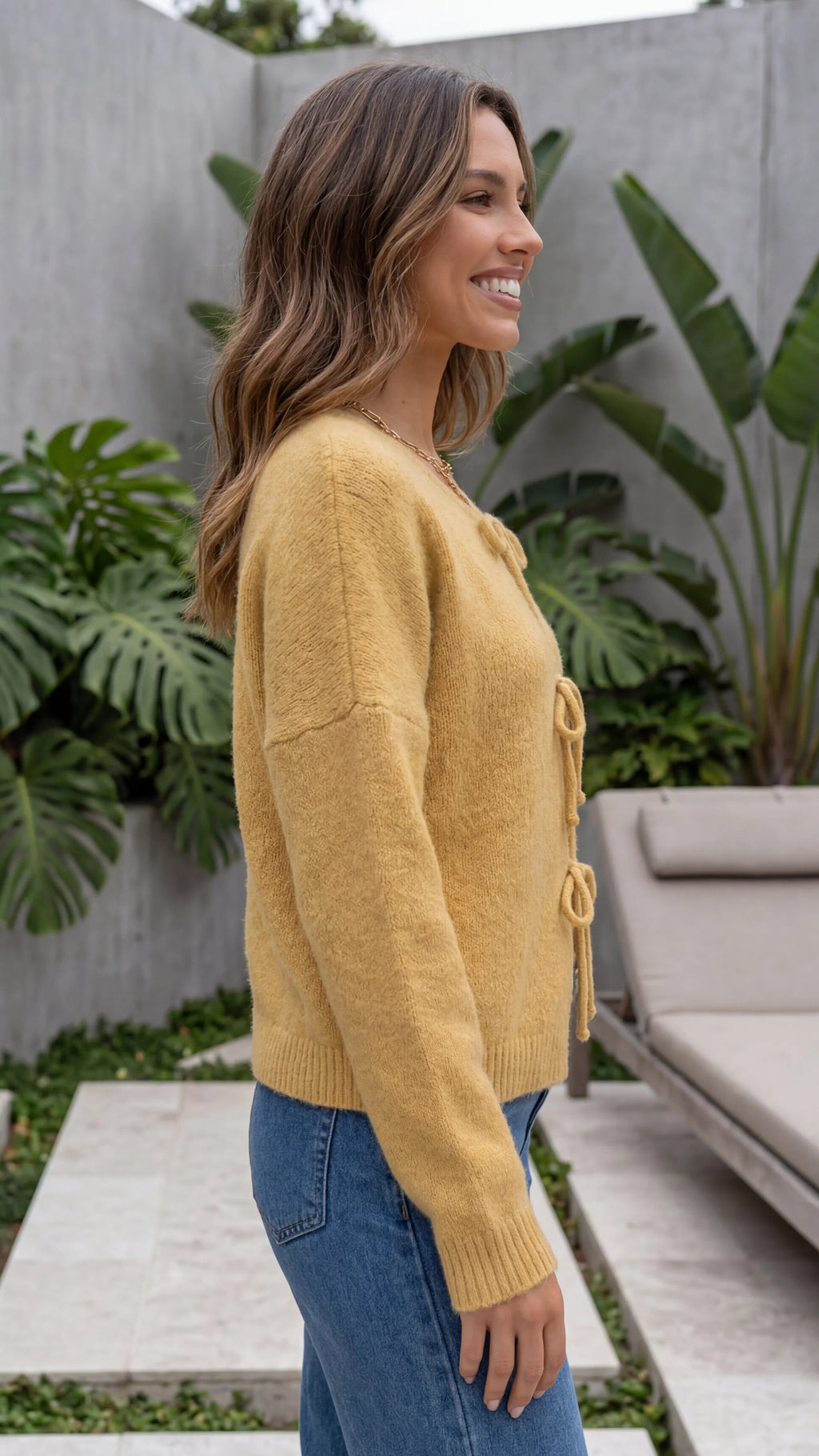 Women's Crew Neck Long Sleeve Tie Front Knit Cardigan