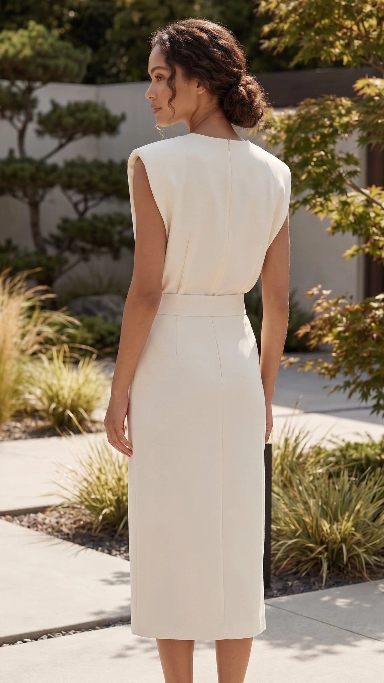 Women’s Crew Neck Shoulder Pad Button Front Slit Midi Dress
