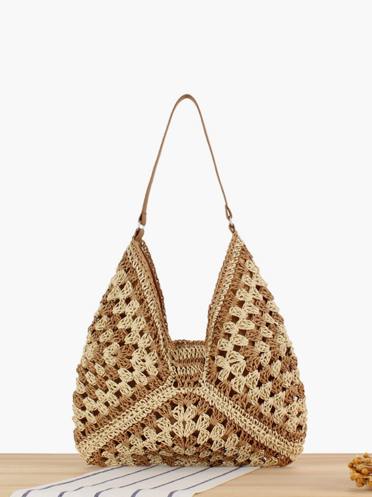 Women's Crochet Macrame Boho Shoulder Bag beige