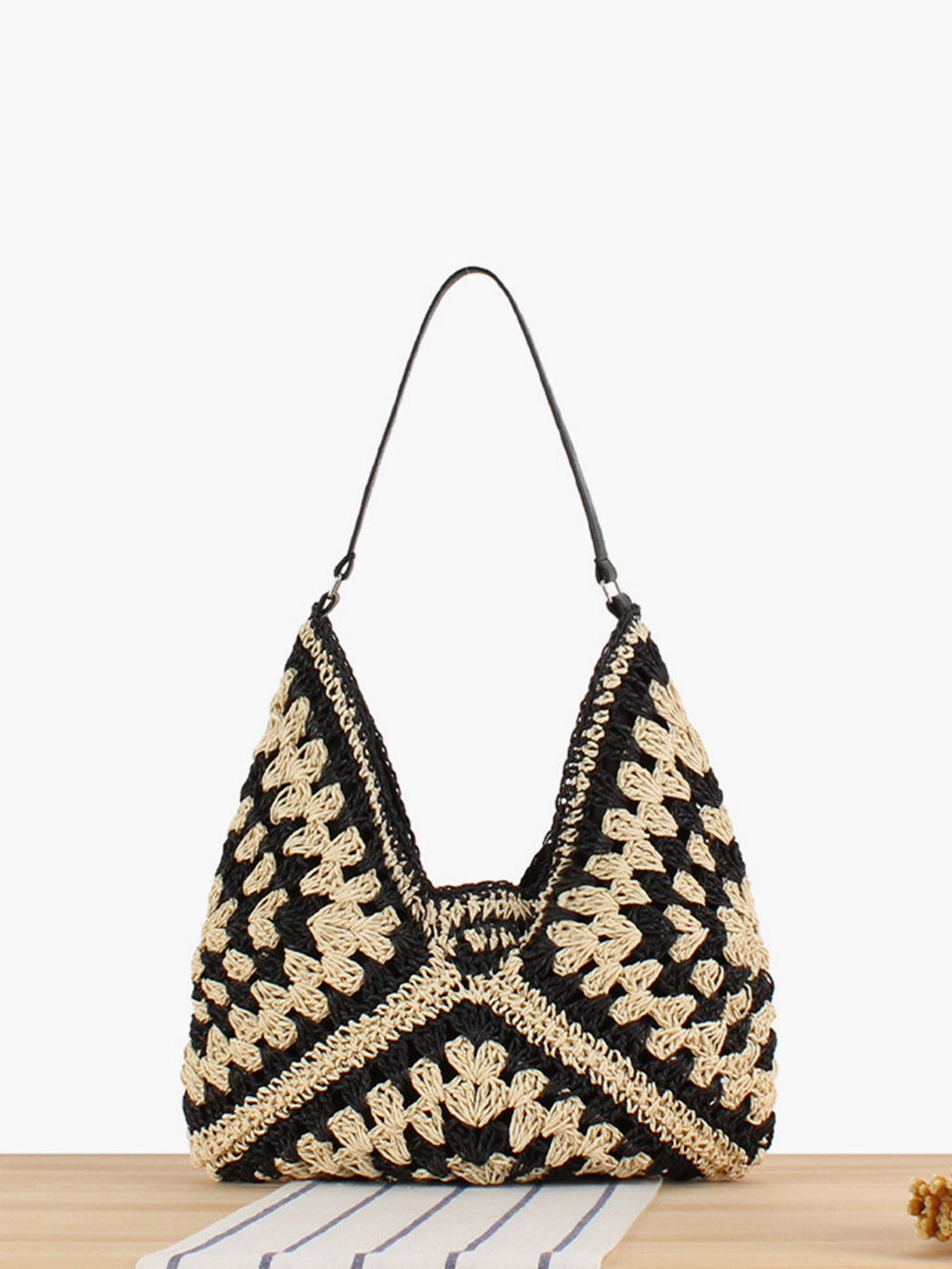 Women's Crochet Macrame Boho Shoulder Bag black 1