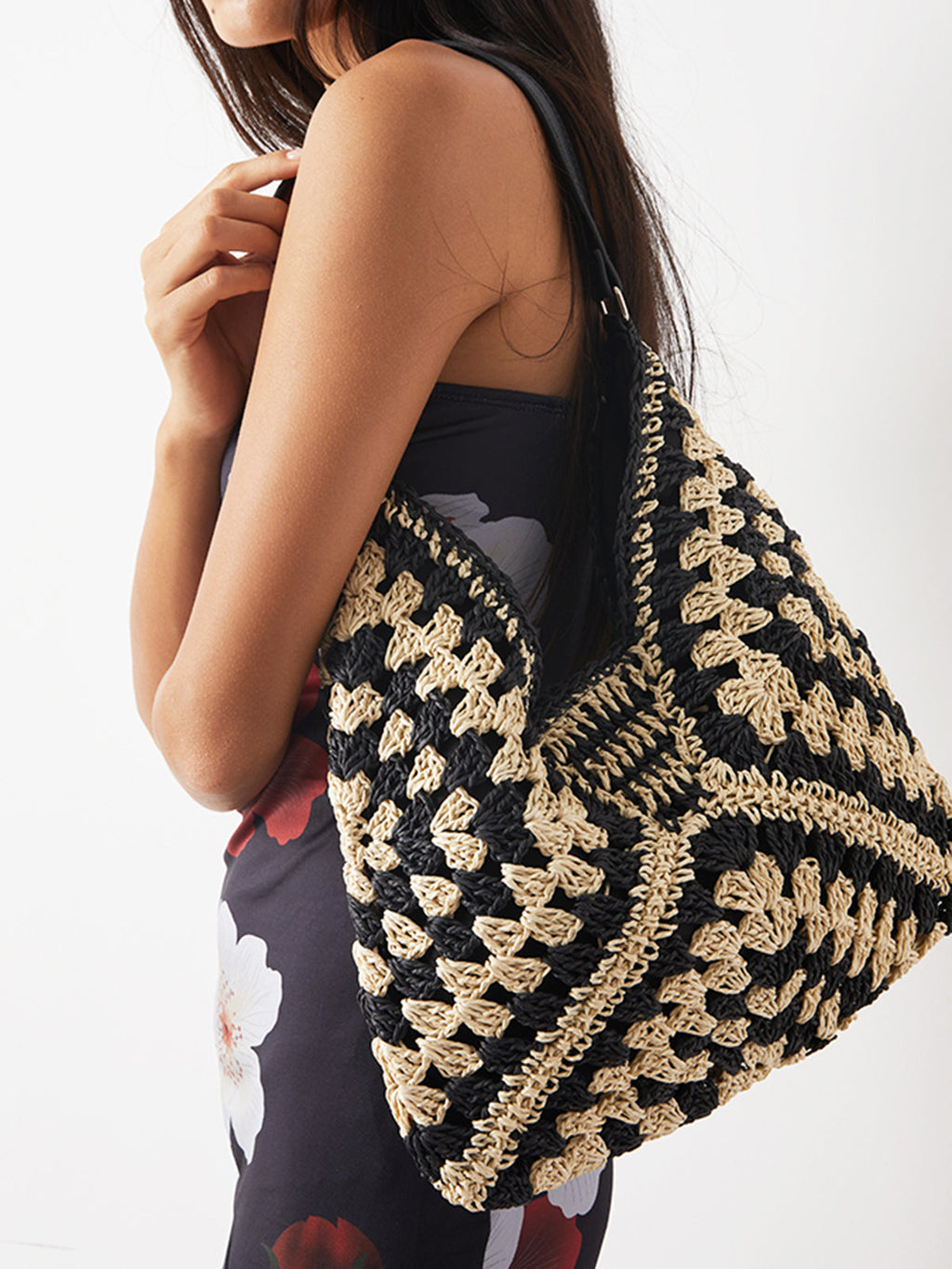 Women's Crochet Macrame Boho Shoulder Bag black 2