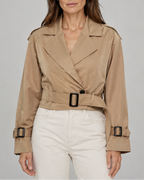 Women's Cropped Belted Trench Coat | Double Breasted Notch Lapel Short Jacket