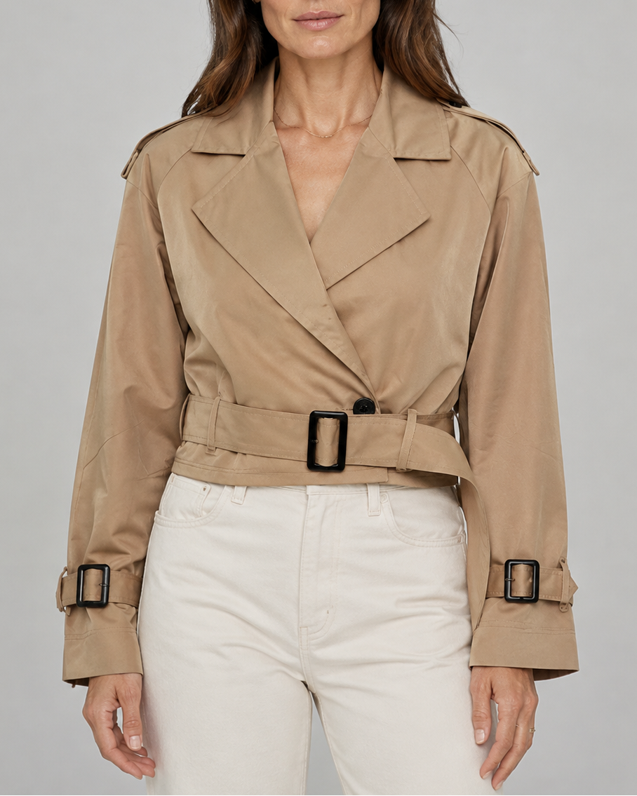Women's Cropped Belted Trench Coat | Double Breasted Notch Lapel Short Jacket