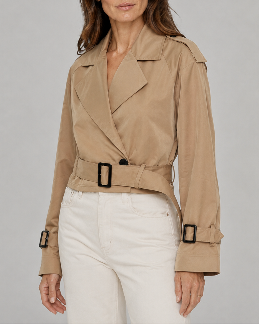 Women's Cropped Belted Trench Coat | Double Breasted Notch Lapel Short Jacket