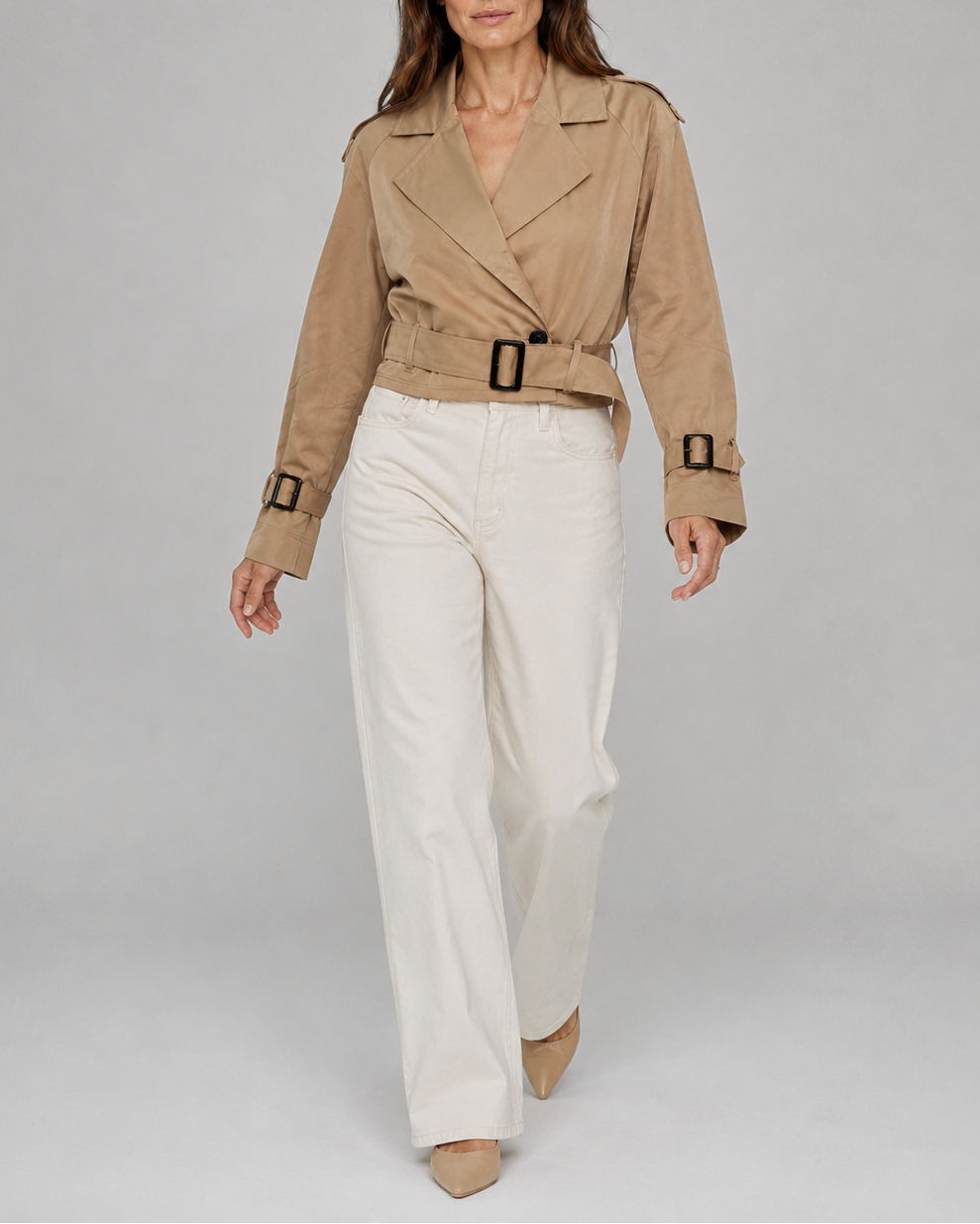 Women's Cropped Belted Trench Coat | Double Breasted Notch Lapel Short Jacket