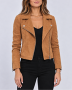 Women's Cropped Biker Jacket with Suede Look and Zip Front