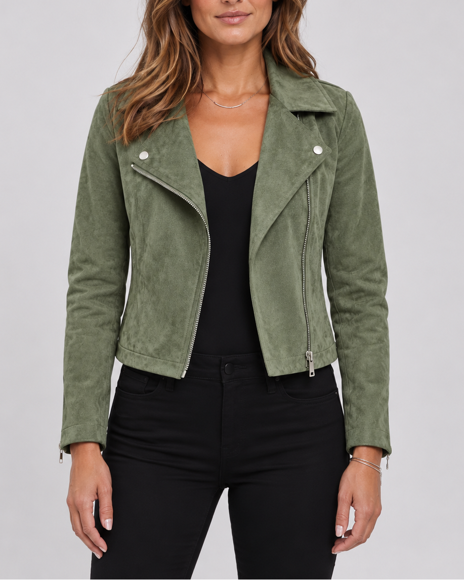 Women's Cropped Biker Jacket with Suede Look and Zip Front