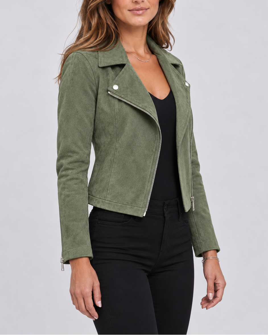 Women's Cropped Biker Jacket with Suede Look and Zip Front