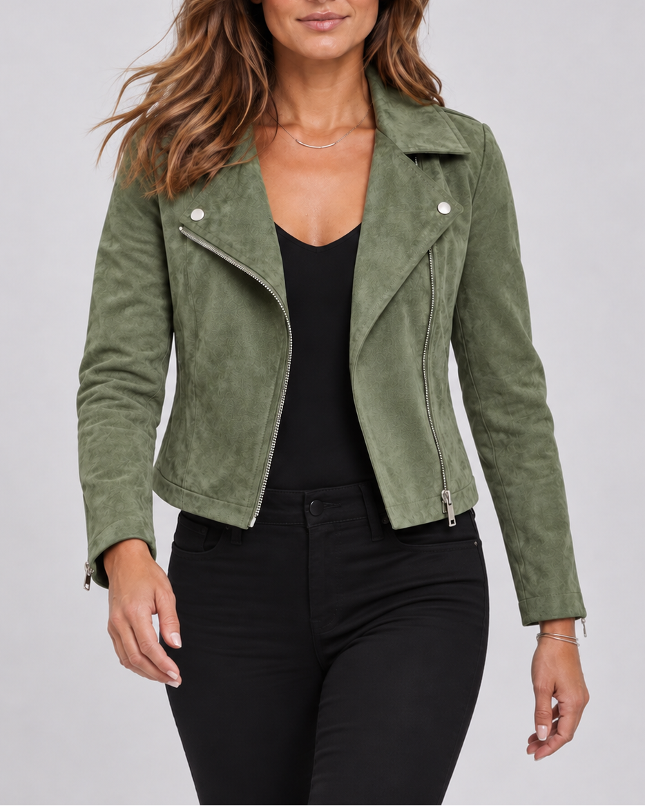 Women's Cropped Biker Jacket with Suede Look and Zip Front