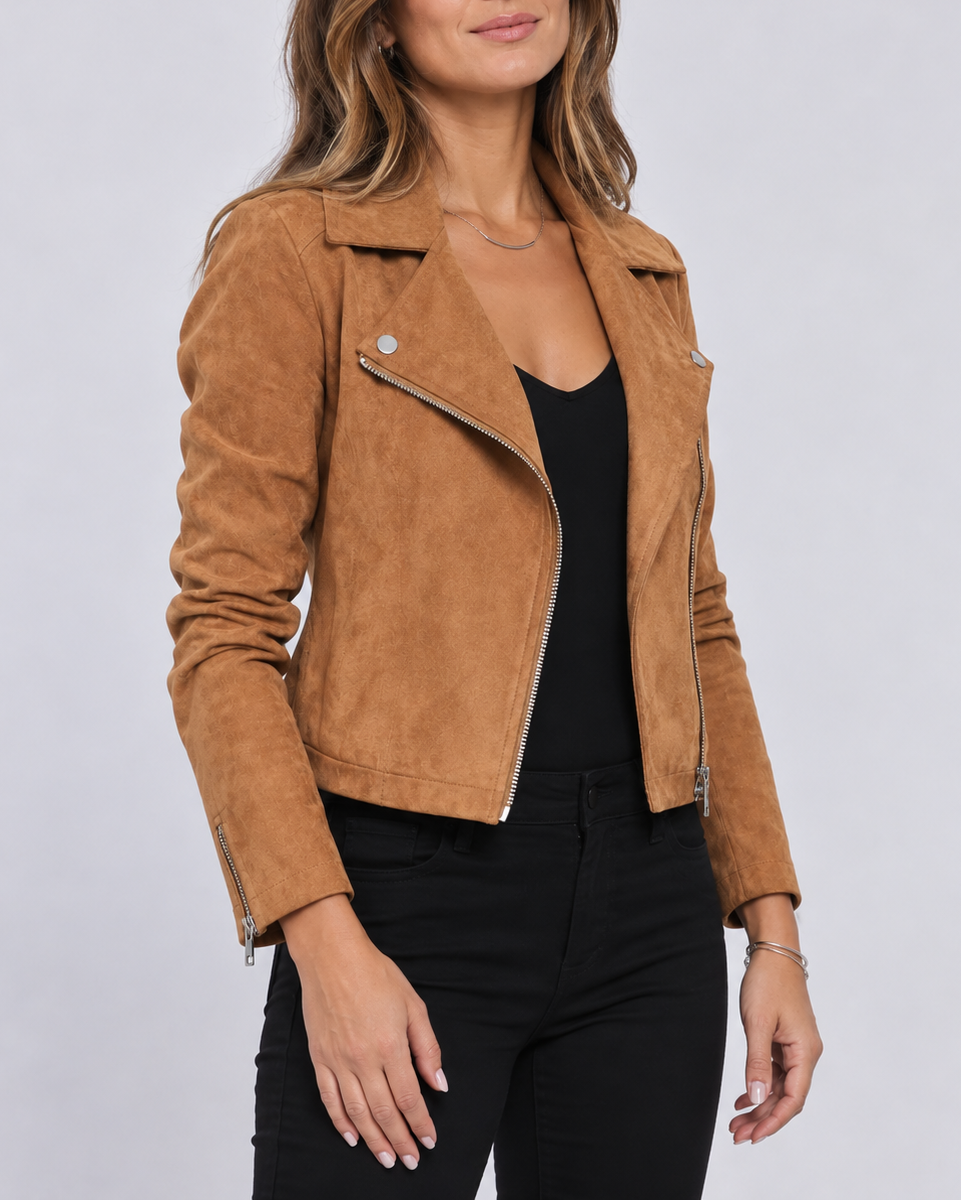 Women's Cropped Biker Jacket with Suede Look and Zip Front
