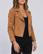 Women's Cropped Biker Jacket with Suede Look and Zip Front