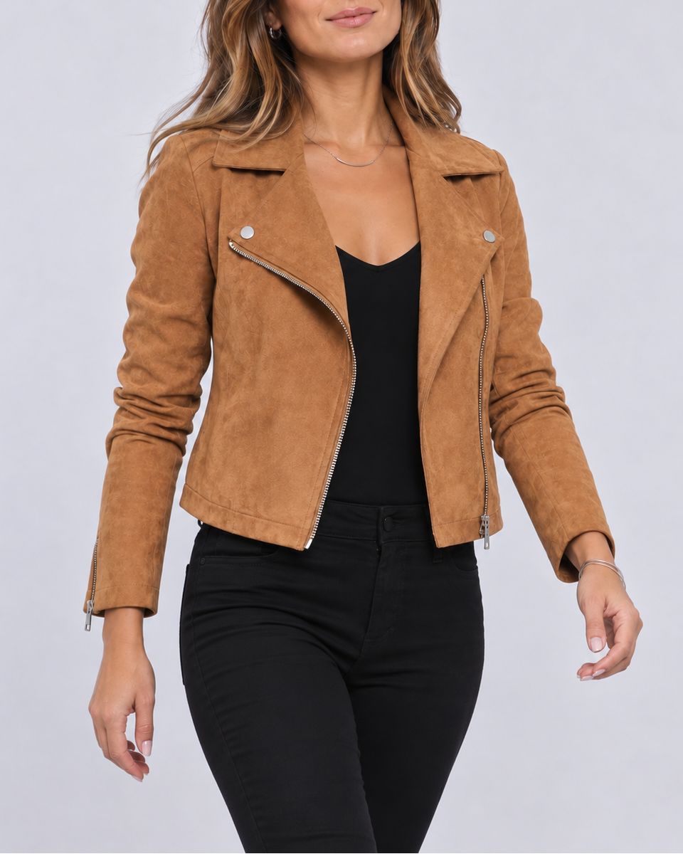 Women's Cropped Biker Jacket with Suede Look and Zip Front