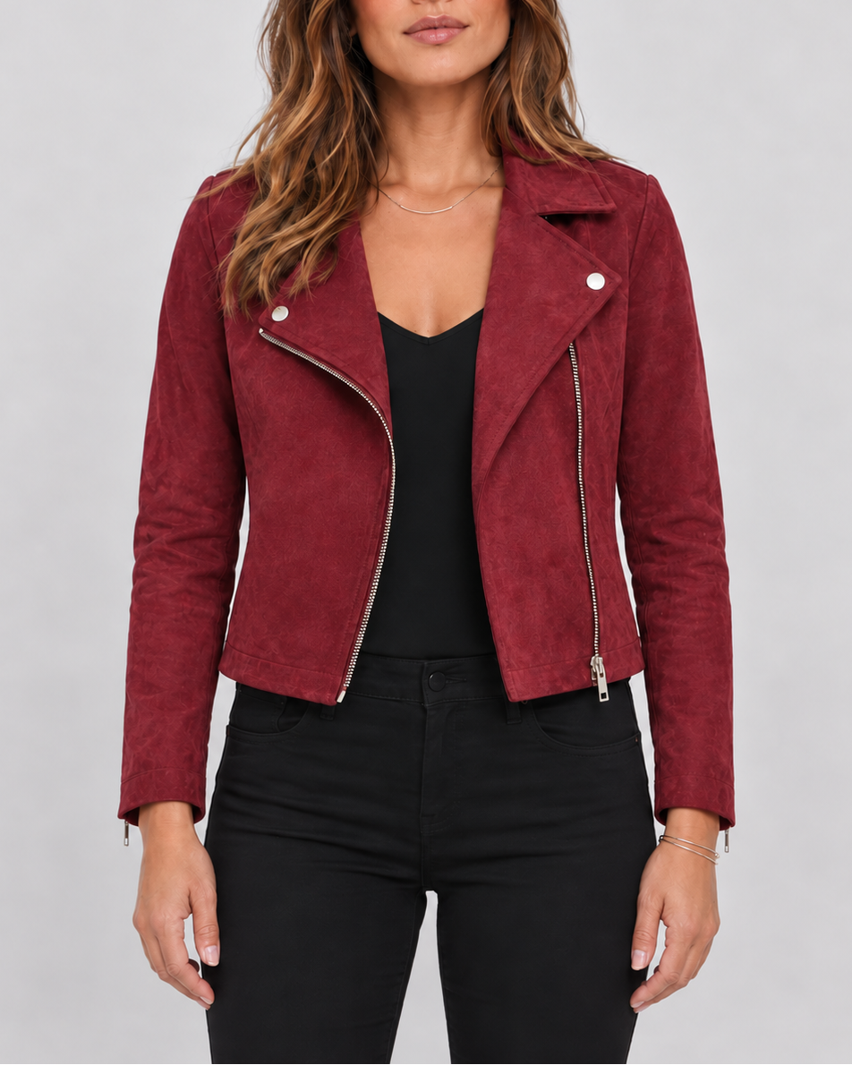 Women's Cropped Biker Jacket with Suede Look and Zip Front