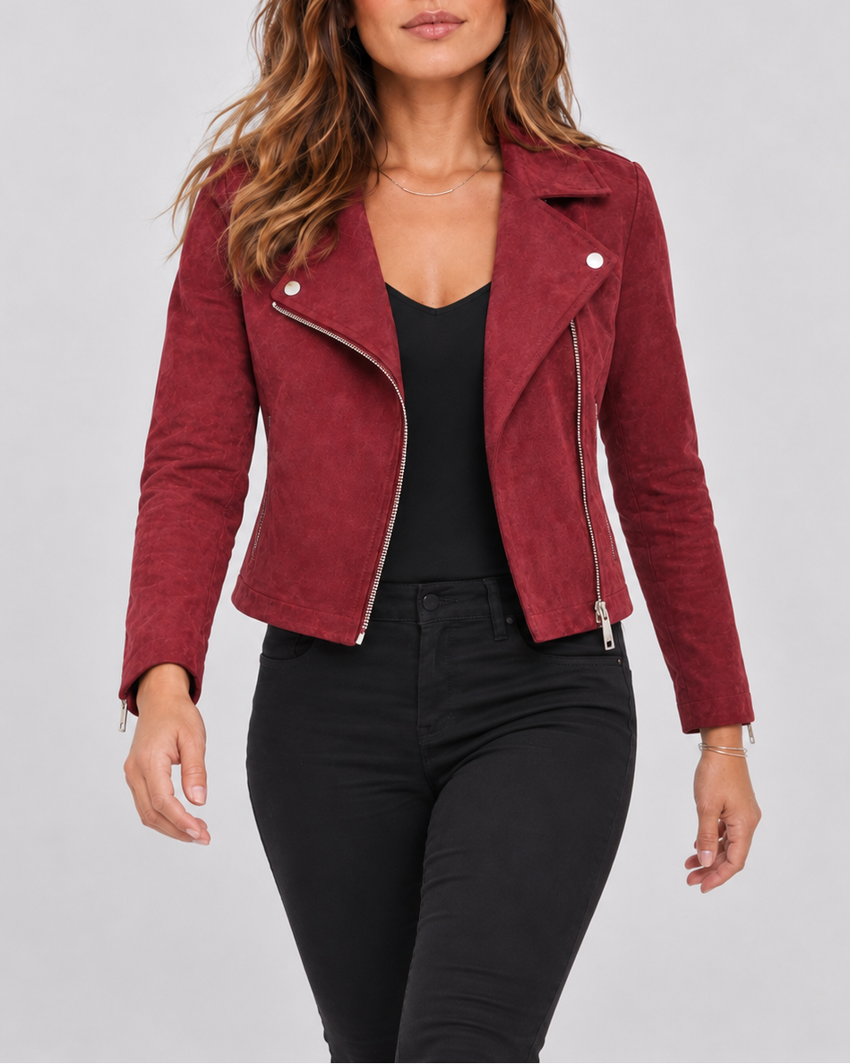 Women's Cropped Biker Jacket with Suede Look and Zip Front