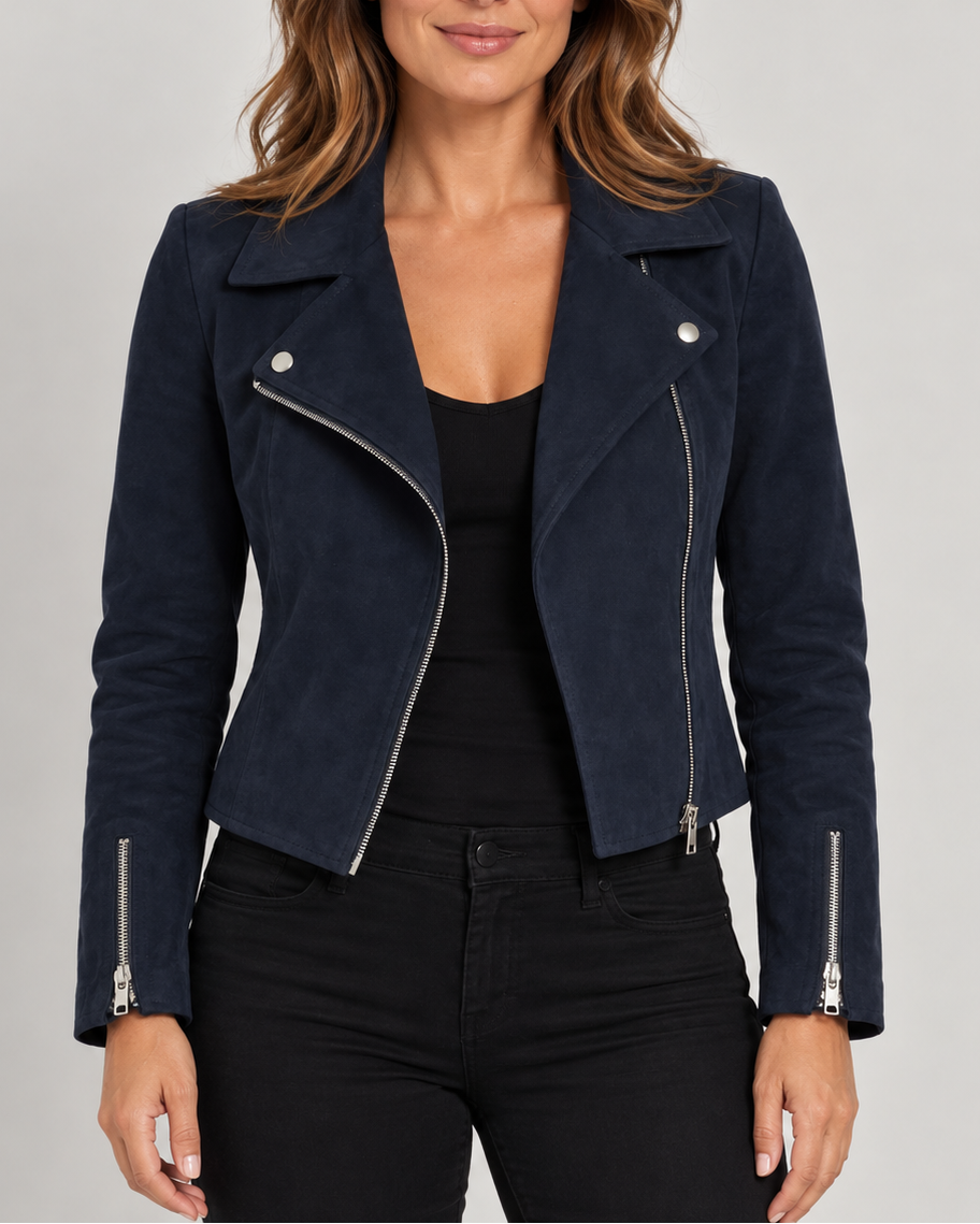 Women's Cropped Biker Jacket with Suede Look and Zip Front