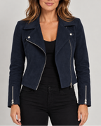 Women's Cropped Biker Jacket with Suede Look and Zip Front