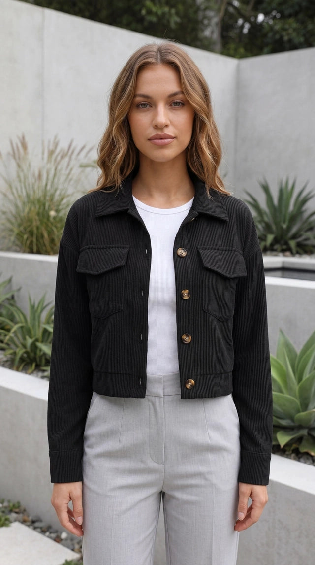 Women's Cropped Button-Up Corduroy Jacket with Chest Pockets