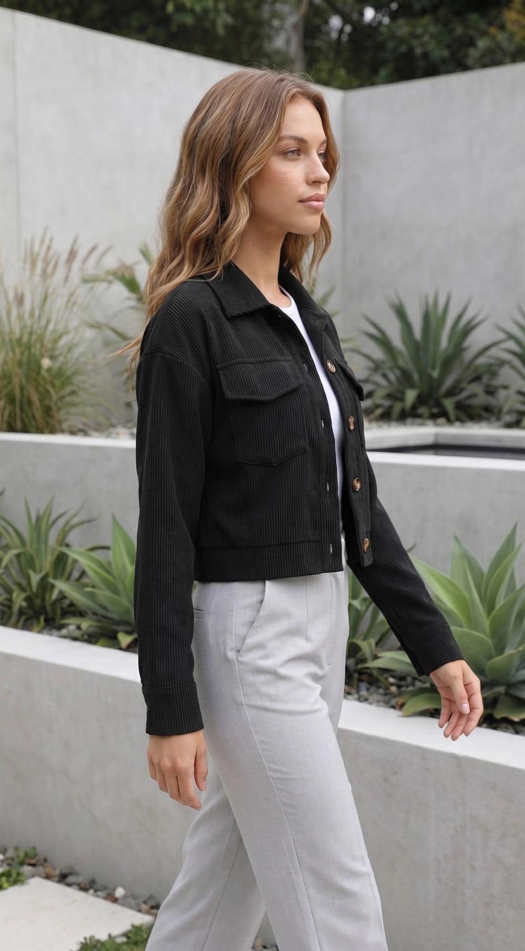 Women's Cropped Button-Up Corduroy Jacket with Chest Pockets